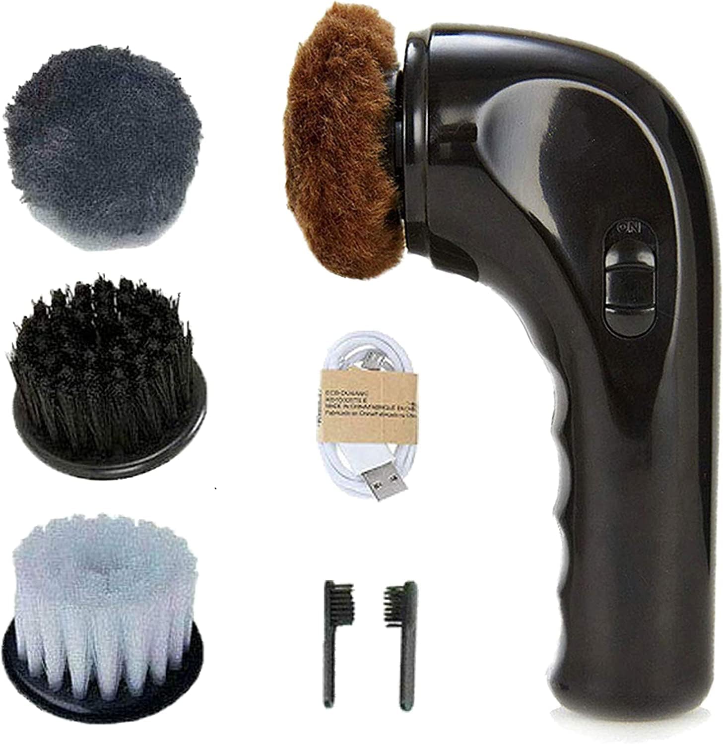 Black cordless electric shoe polisher with interchangeable heads, USB cable and small brushes